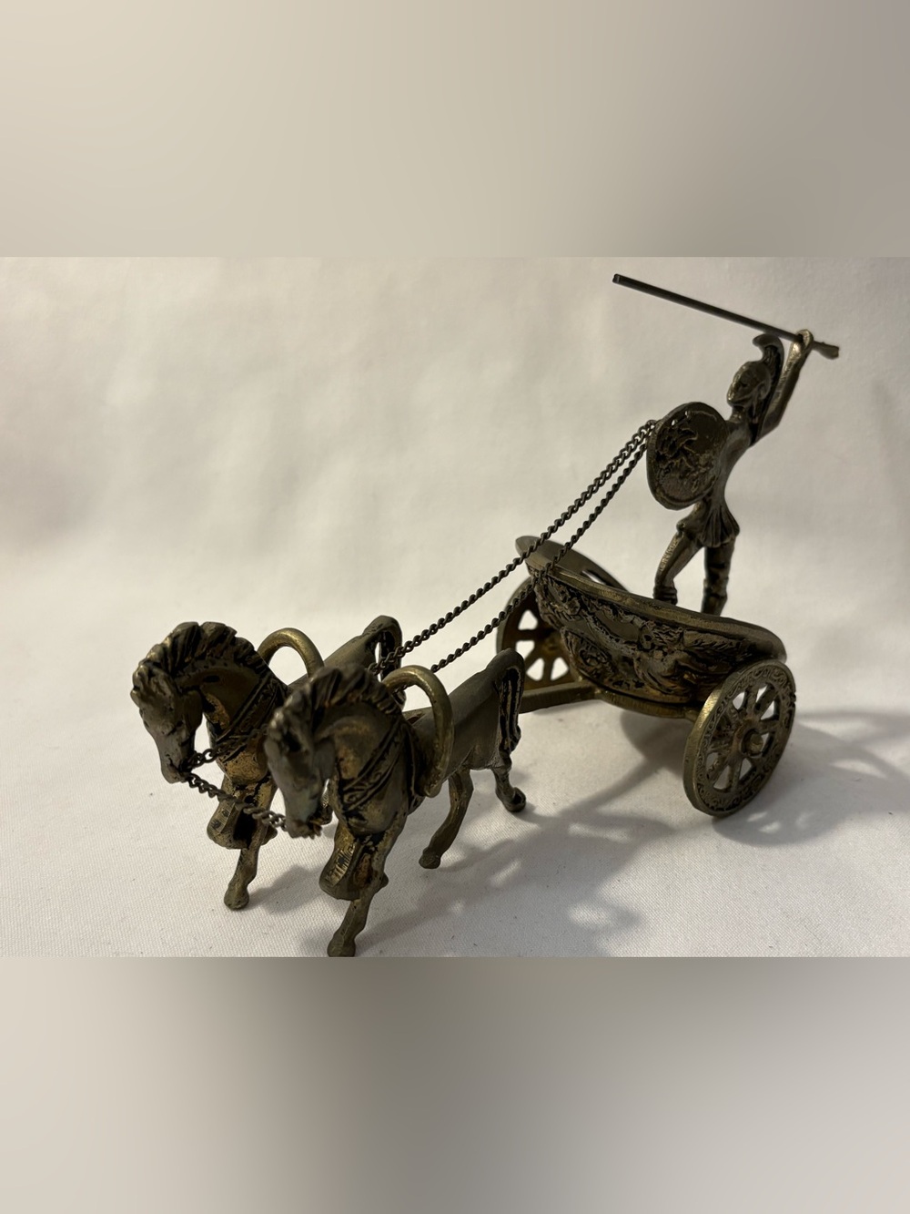 Vtg brass Roman Warrior in a chariot with two horses